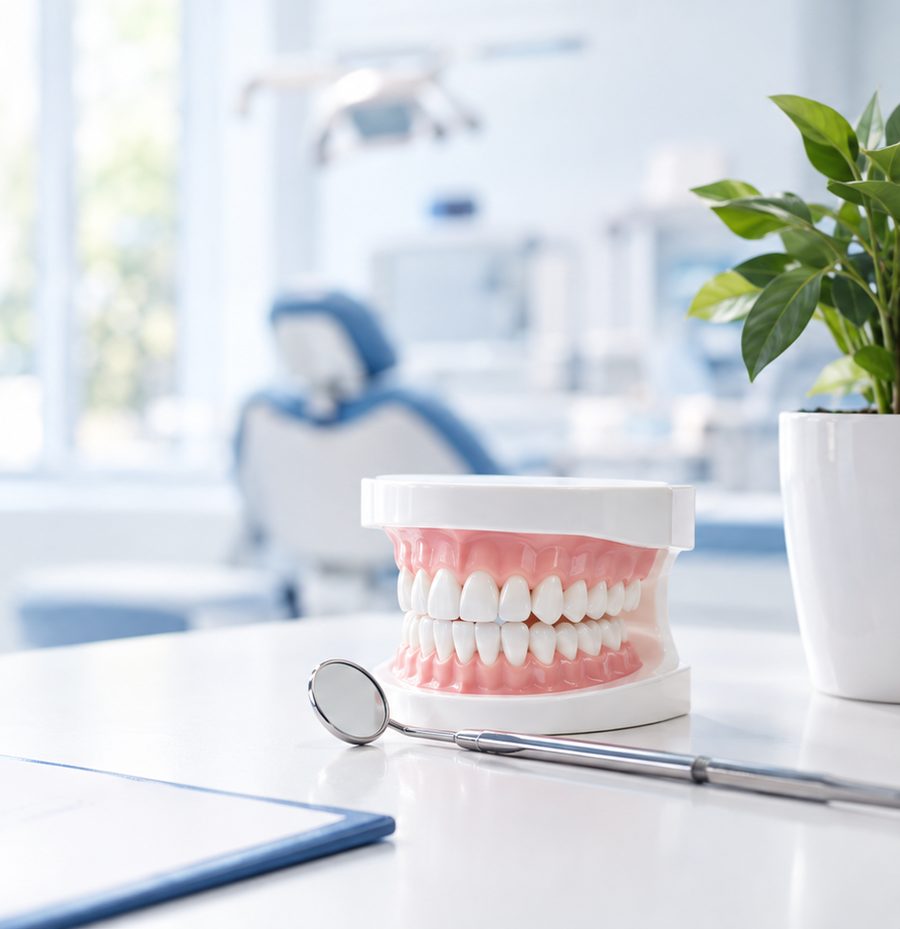 A dental model and mouth mirror on a reception desk, with a treatment chair behind